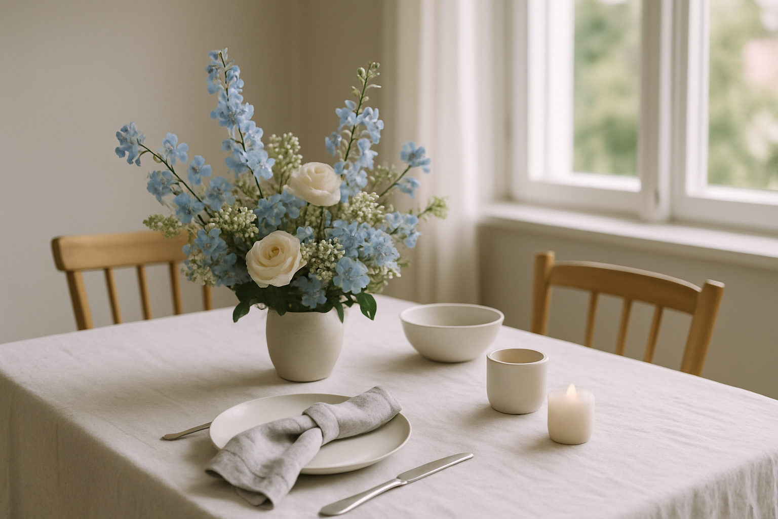 Ljust dukat dopbord med blå och vita blommor i ett skandinaviskt hem.