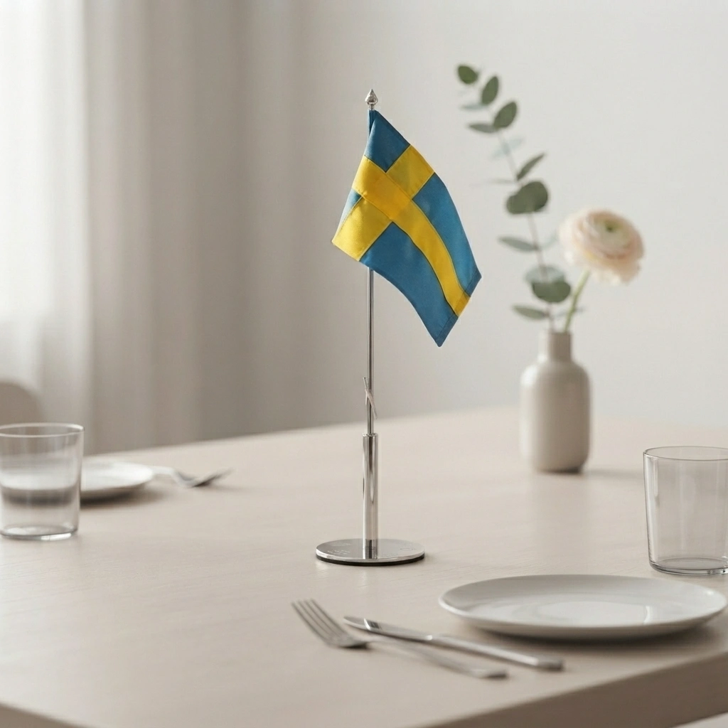 Personlig bordsflagga i en dekorativ miljö inför en familjehögtid.
