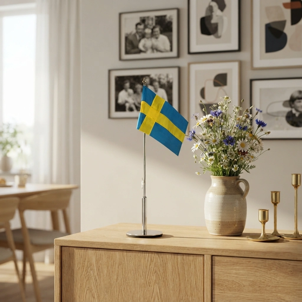 Bordsflagga på en träskänk bredvid en vas med ängsblommor.