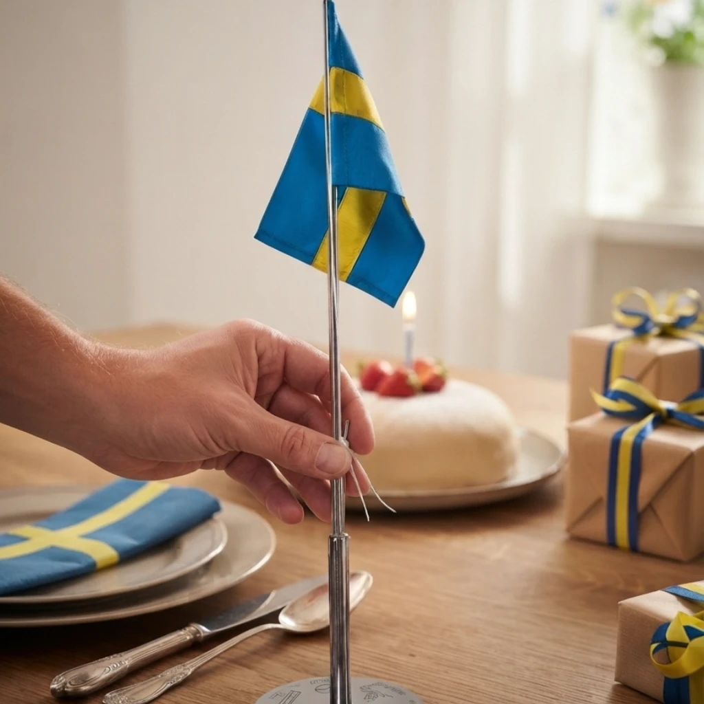 En hand justerar en personlig bordsflagga vid ett dukat bord inför dopfirandet.