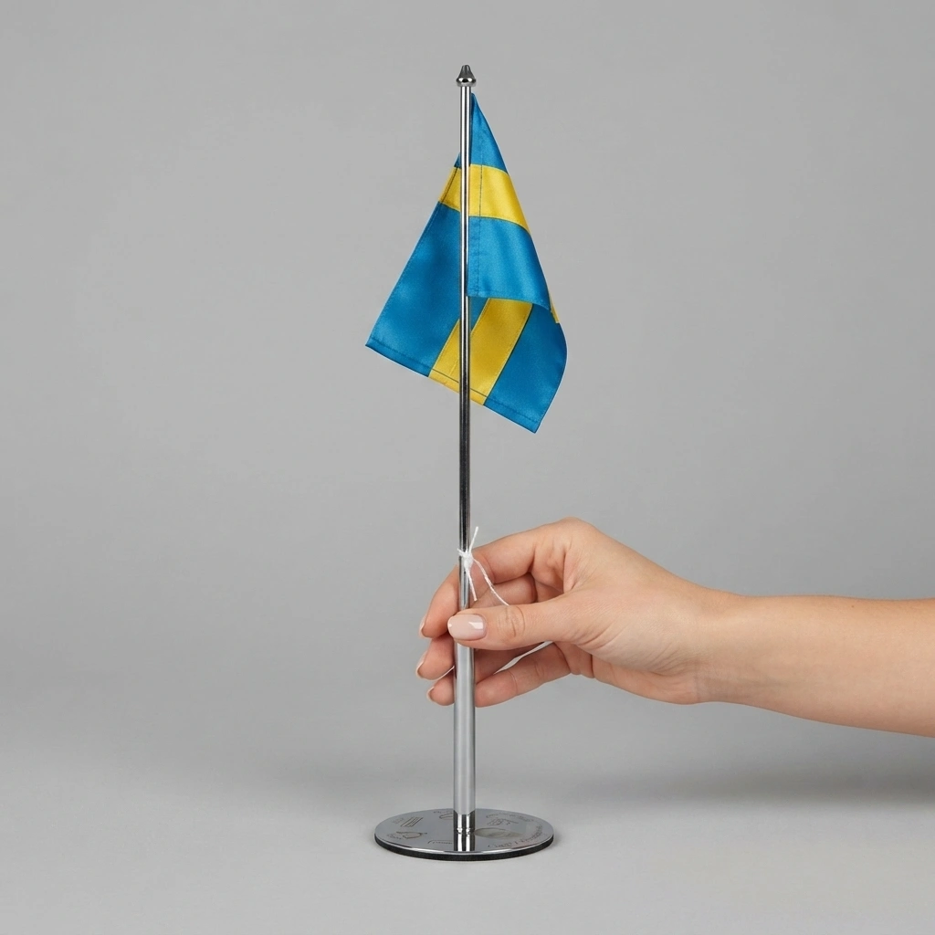Personlig bordsflagga med flagga och gravyr på foten.